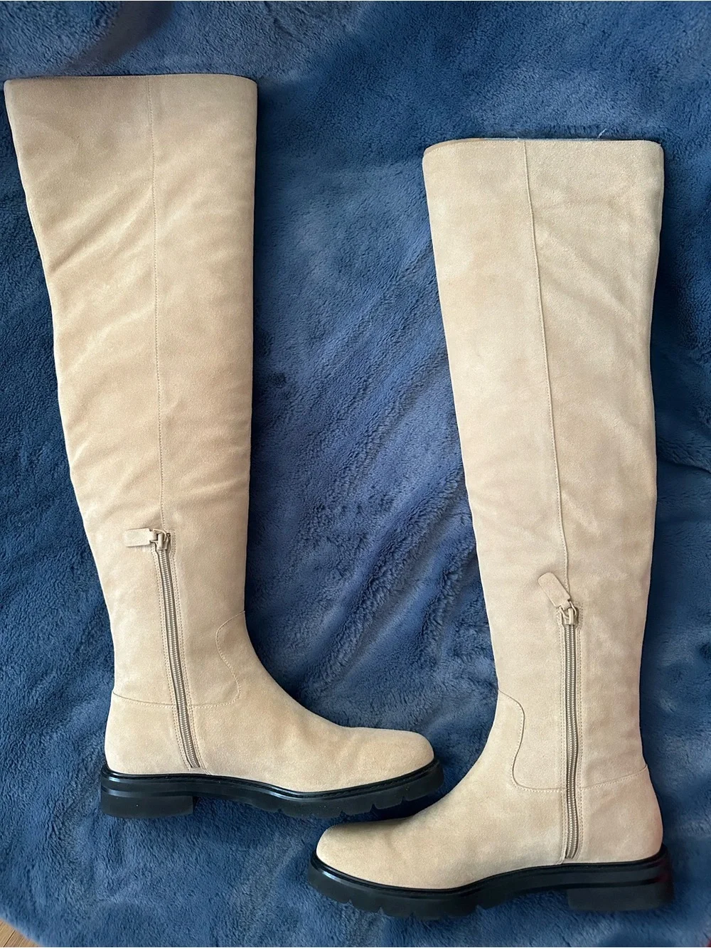 Stuart Weitzman Tall Beige Suede Over-the-Knee Boots with Black Lug Sole
